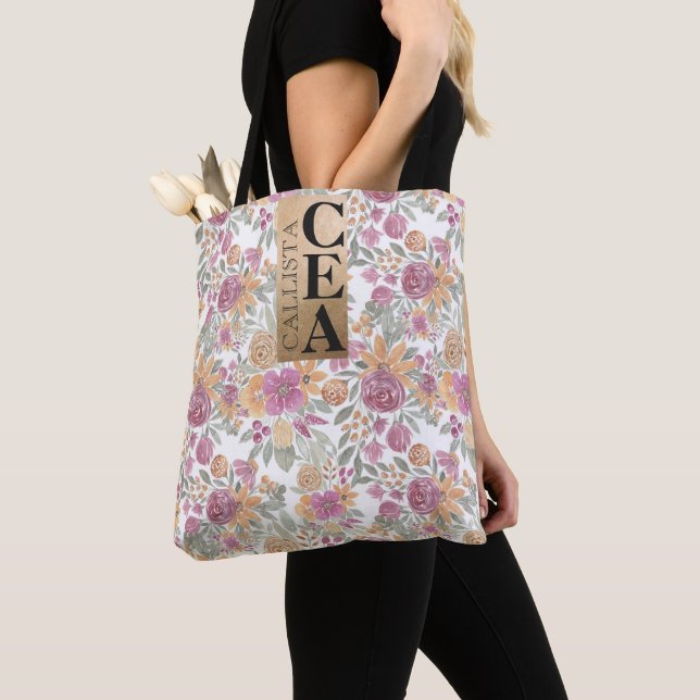 Tote Bag Aquarelle rose jaune doré rose (De près)