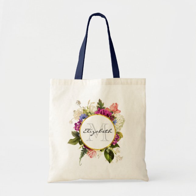 Tote Bag Aquarelle rose moderne Bouquet floral Monogramme (Devant)