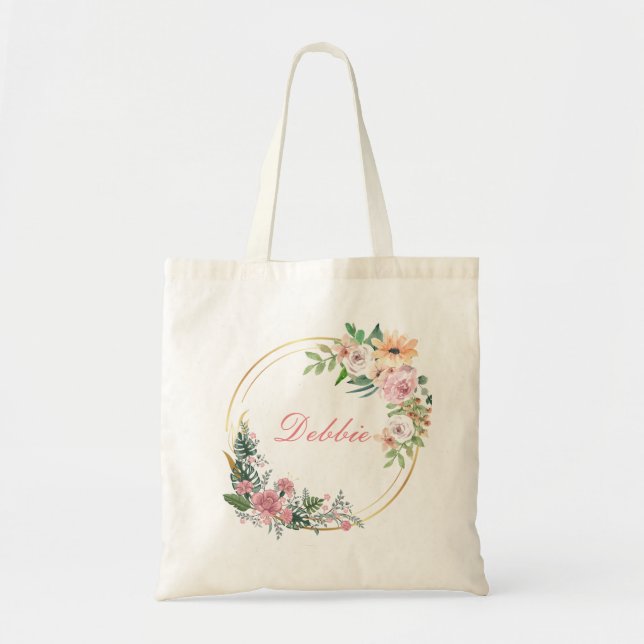 Tote Bag Aquarelle rose Orange Floral Personnalisé Fourre-t (Devant)