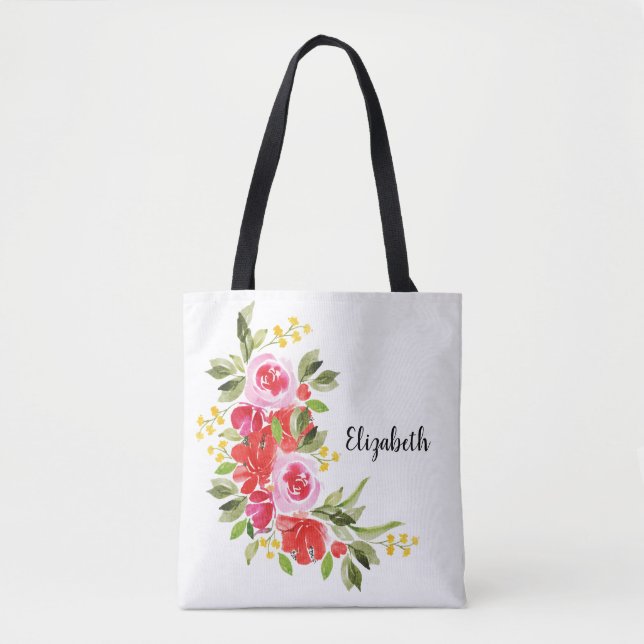 Tote Bag Aquarelle rose rouge Épaule florale (Devant)