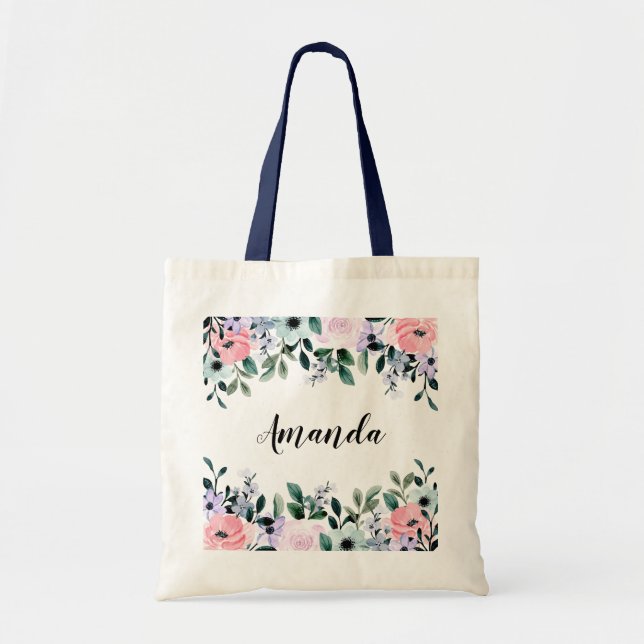 Tote Bag Aquarelle rose violet vert à la frontière florale (Devant)
