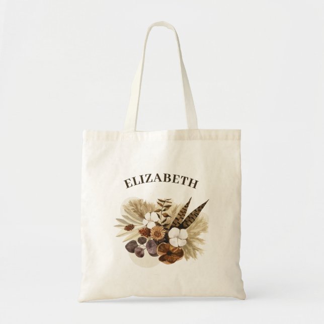 Tote Bag Aquarelle rustique Bouquet Fleur brune Monogramme (Devant)