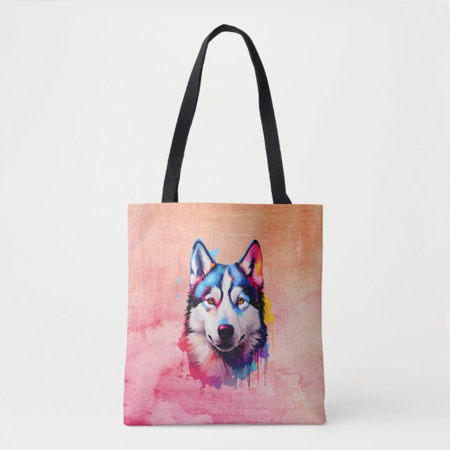 Tote Bag Aquarelle Sibérienne Husky Art coloré (Devant)