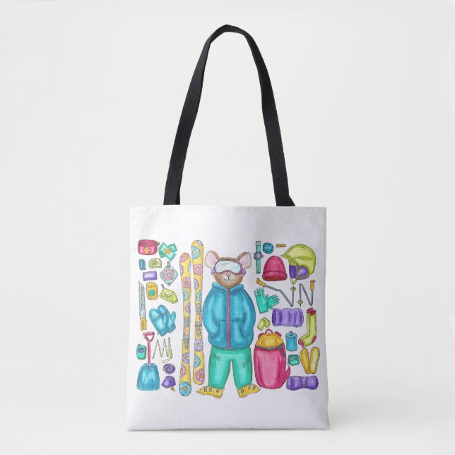 Tote Bag Aquarelle Ski Pika avec engrenage (Devant)