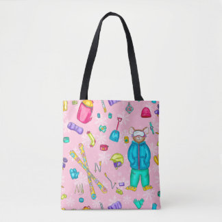 Tote Bag Aquarelle Ski Pika sur neige rose avec engrenage