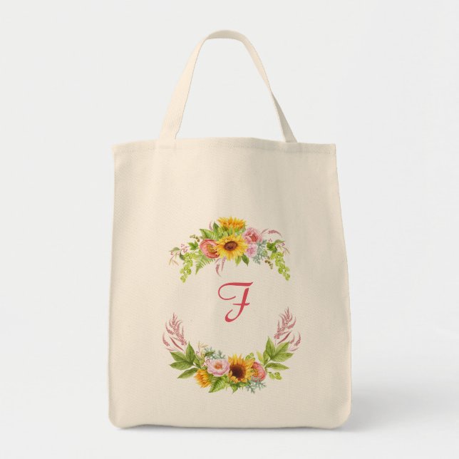 Tote Bag Aquarelle tournesol pivoines Roses Monogramme Boho (Devant)