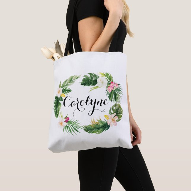 Tote Bag Aquarelle Tropical Feuilles Wreath Personnalisé (De près)