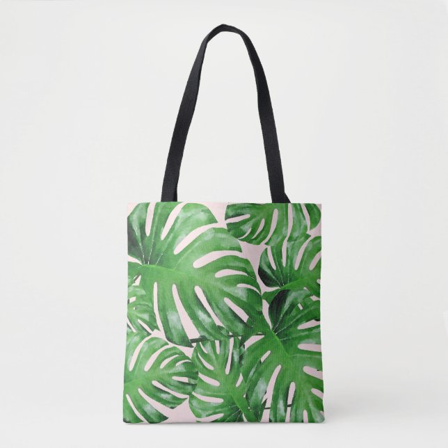 Tote Bag Aquarelle Tropical Monstera Feuilles Motifs rose (Devant)