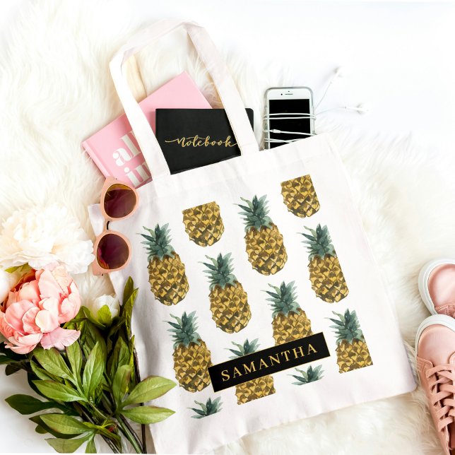 Tote Bag Aquarelle tropicale Motif ananas avec nom (Créateur téléchargé)