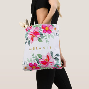 Tote Bag Aquarelle tropicale rose-chaud Bouquets floraux No