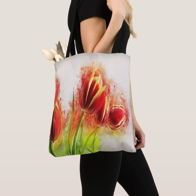 Tote Bag Aquarelle Tulipes rouge Jaune Fleur (De près)