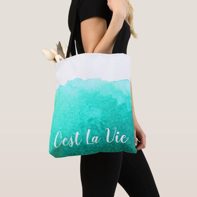 Tote Bag Aquarelle turquoise C'est La Vie (De près)
