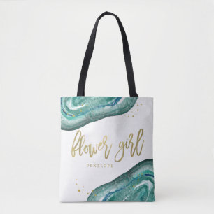 Tote Bag Aquarelle Turquoise et Gold Look Geode Fleur fil