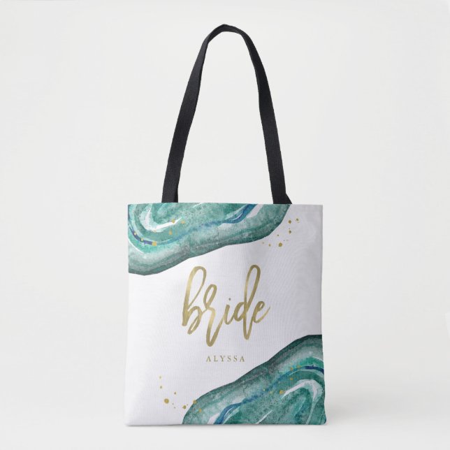 Tote Bag Aquarelle Turquoise et Gold Look Geode | Mariée (Devant)