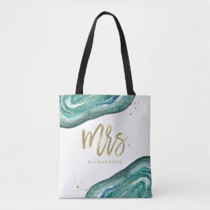 Tote Bag Aquarelle Turquoise et Gold Look Geode   Mme