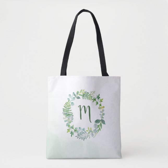 Tote Bag Aquarelle Verdure Monogramme de couronne (Devant)