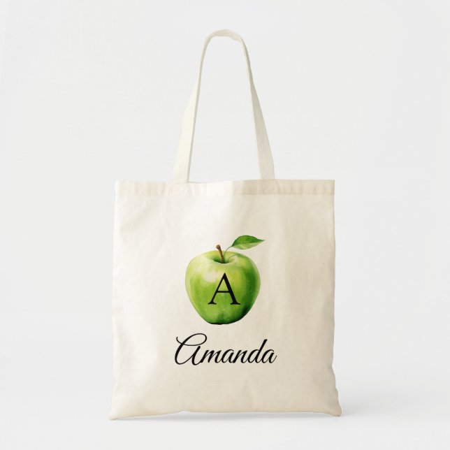 Tote Bag Aquarelle vert Nom de la pomme Monogramme (Devant)