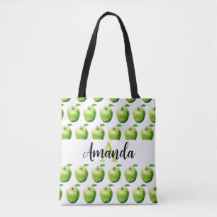 Tote Bag Aquarelle Vert pomme Nom du Motif Monogramme