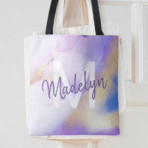 Tote Bag Aquarelle violet Abstrait Girly Luxury Monogramme
