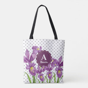 Tote Bag Aquarelle violet Iris noir blanc Pois