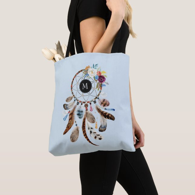Tote Bag Aquarelles décorateur fleurs & plumes (De près)