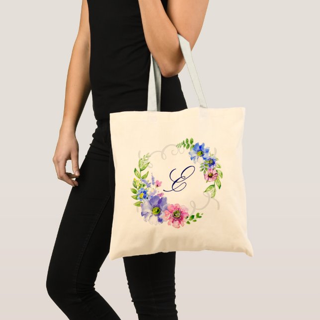 Tote Bag Aquarelles fleurs couronnes avec monogramme (Devant (produit))
