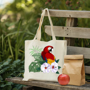 Tote Bag Ara macao rouge Perroquet Floral tropical hibiscus