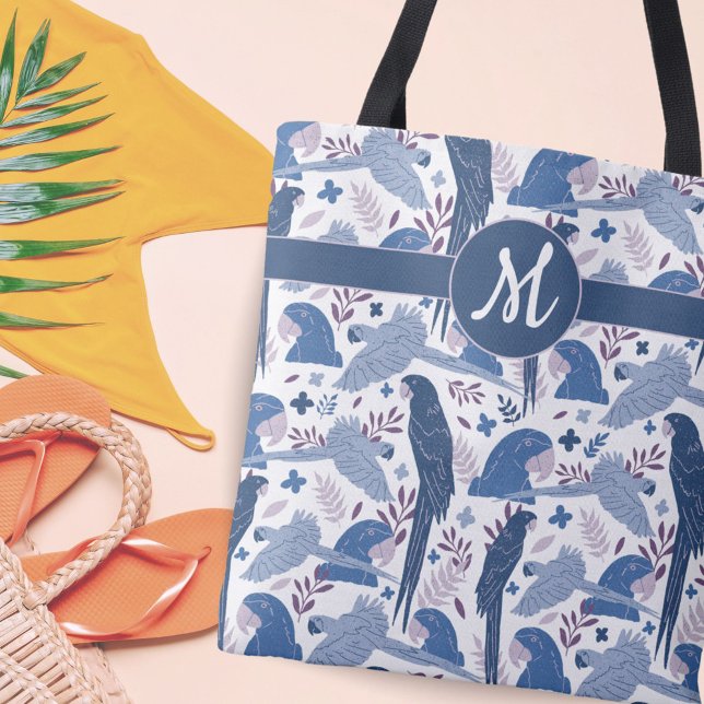 Tote Bag Ara Parrot bleu Tropical Leave Motif Monogramme (Créateur téléchargé)