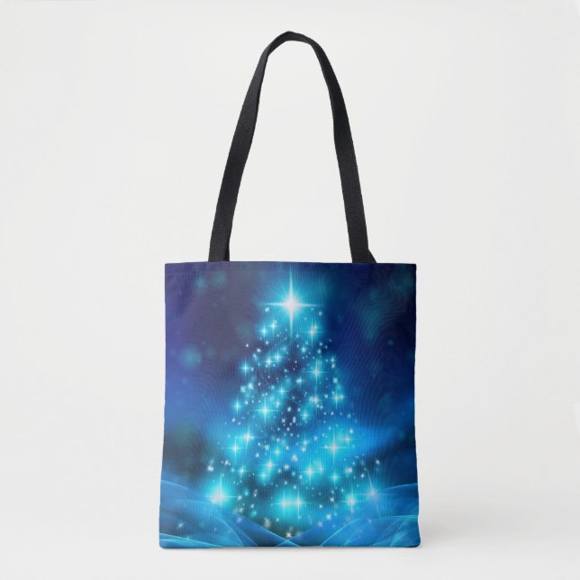 Tote Bag Arbre de Noël bleu cool avec lumières étincelantes (Devant)