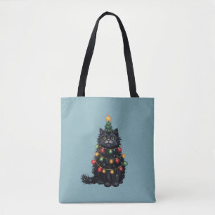 Tote Bag Arbre de Noël Chat Noir Peinture à l'Huile Modifié