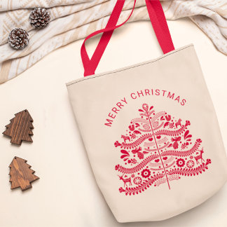 Tote Bag Arbre de Noël d'art populaire scandinave rouge