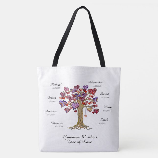 Tote Bag Arbre grand-mère (coeurs) noms/dates personnalisés (Devant)