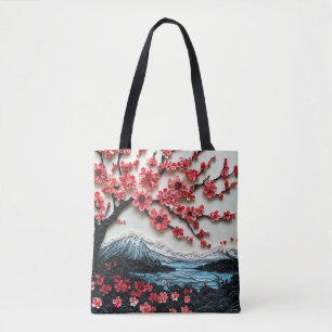 Tote Bag Arbre Sakura Art en papier, arbre aux fleurs rouge