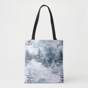Tote Bag Arbres de Noël en pin blanc bleu neige hivernale