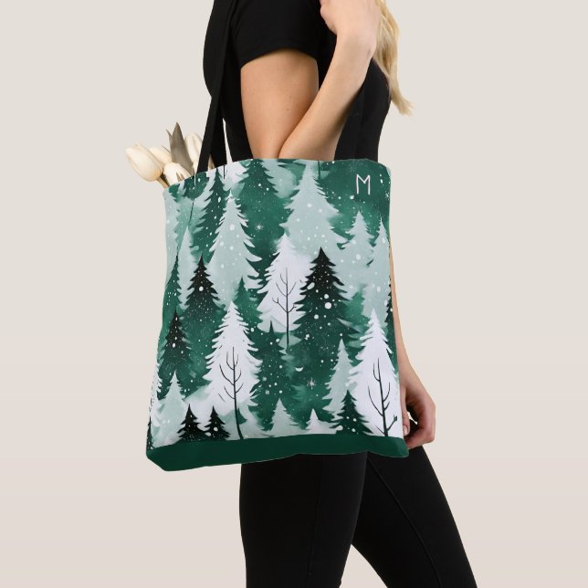 Tote Bag Arbres Persistants Forêt d'Hiver Neige Monogramme (De près)