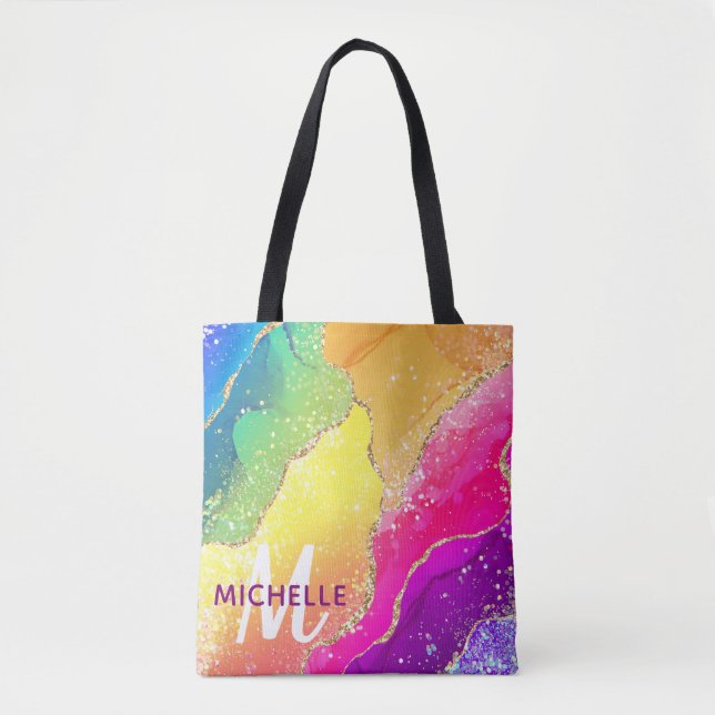 Tote Bag Arc-en-ciel brillant et monogramme en agate à pail (Devant)