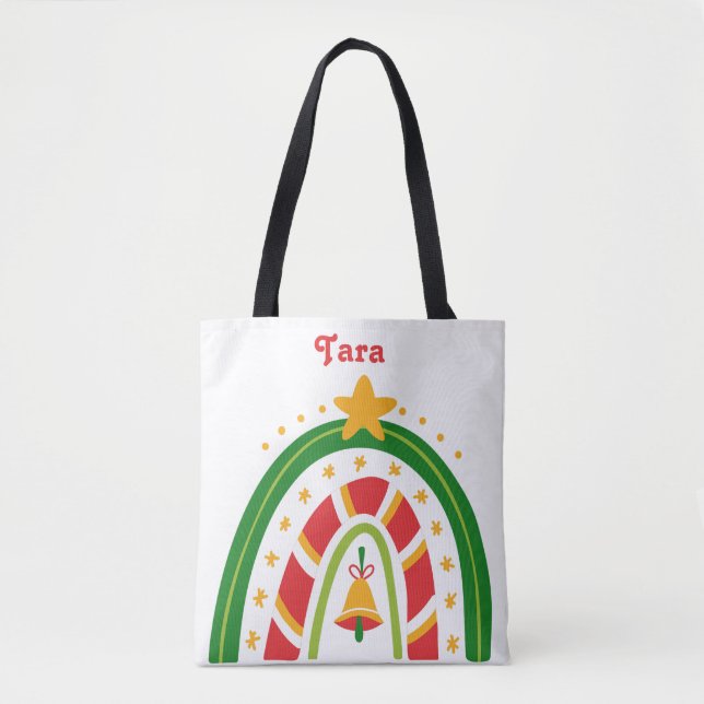 Tote Bag Arc-en-ciel de Noël rouge et vert personnalisé (Devant)