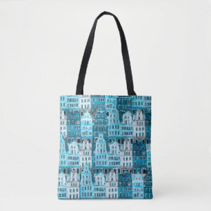Tote Bag Architecture d'Amsterdam, aquarelle bleue.