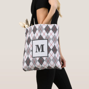 Tote Bag Argyle carreau moderne rouge gris argent monogramm