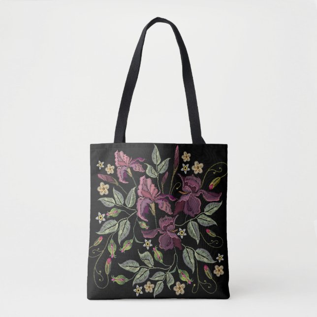 Tote Bag Arrière - plan noir Irises pourpres brodé. (Devant)
