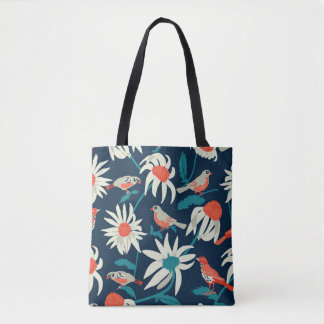 Tote Bag Arrière - plan sans couture avec fleurs et oiseaux