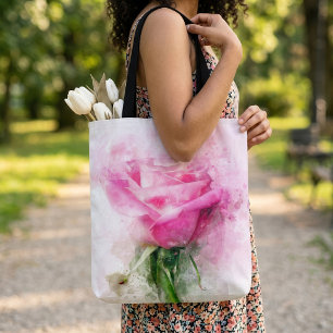 Tote Bag Art aquarelle de rose rose sur fond blanc