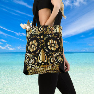 Tote Bag Art de crâne en sucre, Jour des morts noir et or