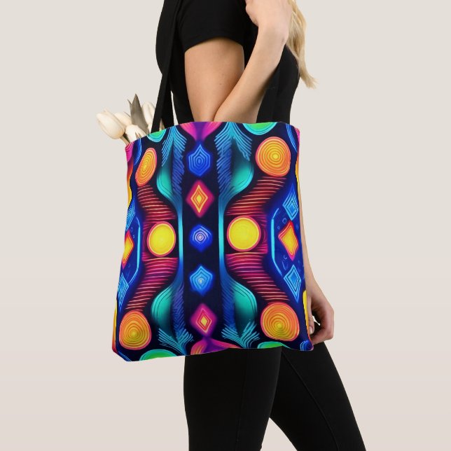 Tote Bag Art de mandala géométrique néon (De près)