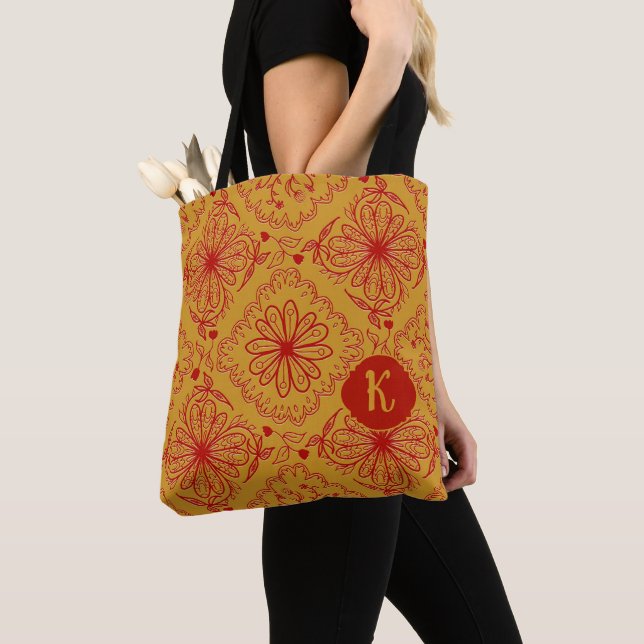 Tote Bag Art de patchwork floral initial  (De près)