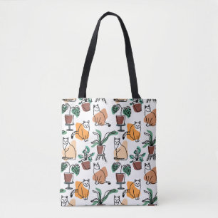 Tote Bag Art de trait dessin chats et fleurs