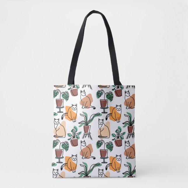 Tote Bag Art de trait dessin chats et fleurs (Devant)