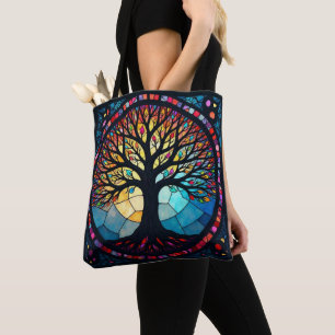 Tote Bag Art de verre coloré, Arbre de Vie en verre coloré