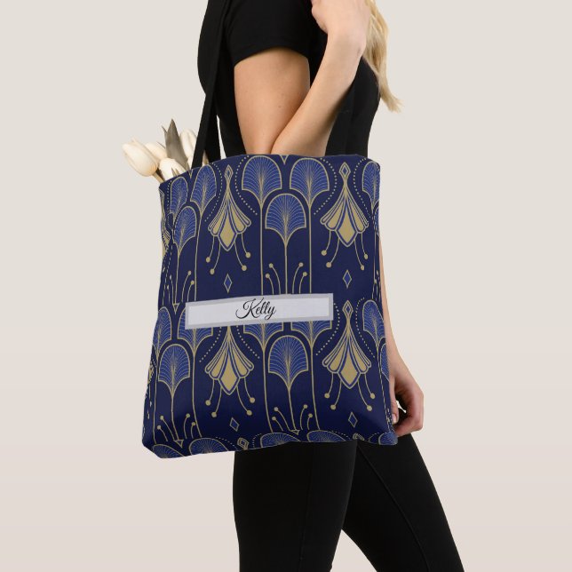 Tote Bag Art Déco élégant bleu et or (De près)