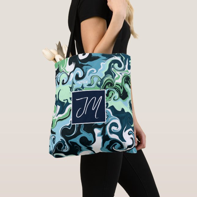 Tote Bag Art en marbre bleu et gris vert (De près)